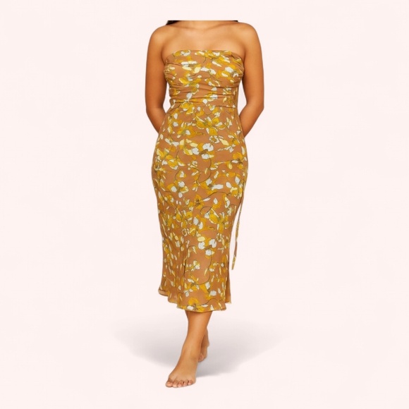 Gold Hawk Orange Tan Floral Silk Strapless Elegant Midi Dress NWOT Sample Size S - Picture 1 of 4